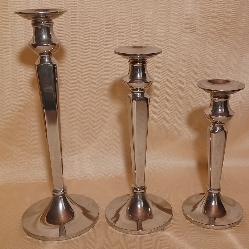 Set Of 3 Vintage Pottery Barn Silver Plated Candlesticks Heavy 8 10 12 in